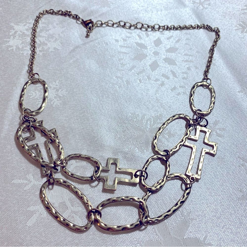 Cross Necklace Brushed Gold Tone Double Strand 20” Gorgeous